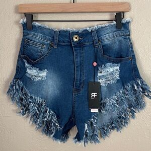 RedFox Women’s Distressed Fringe Jean Shorts Blue XL
